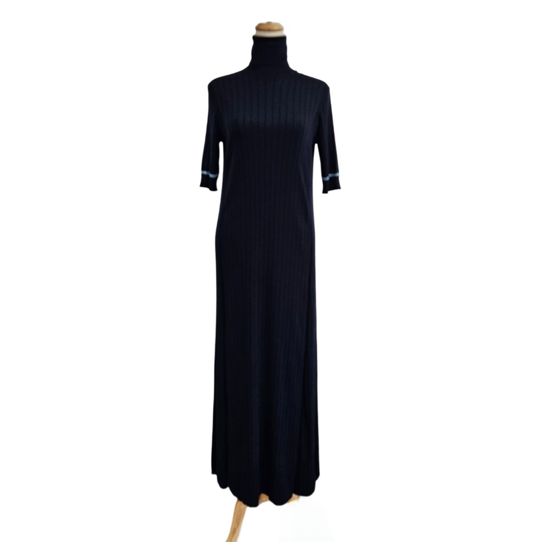 Loro Piana Navy Silk /Cotton Turtleneck Ribbed Maxi Dress