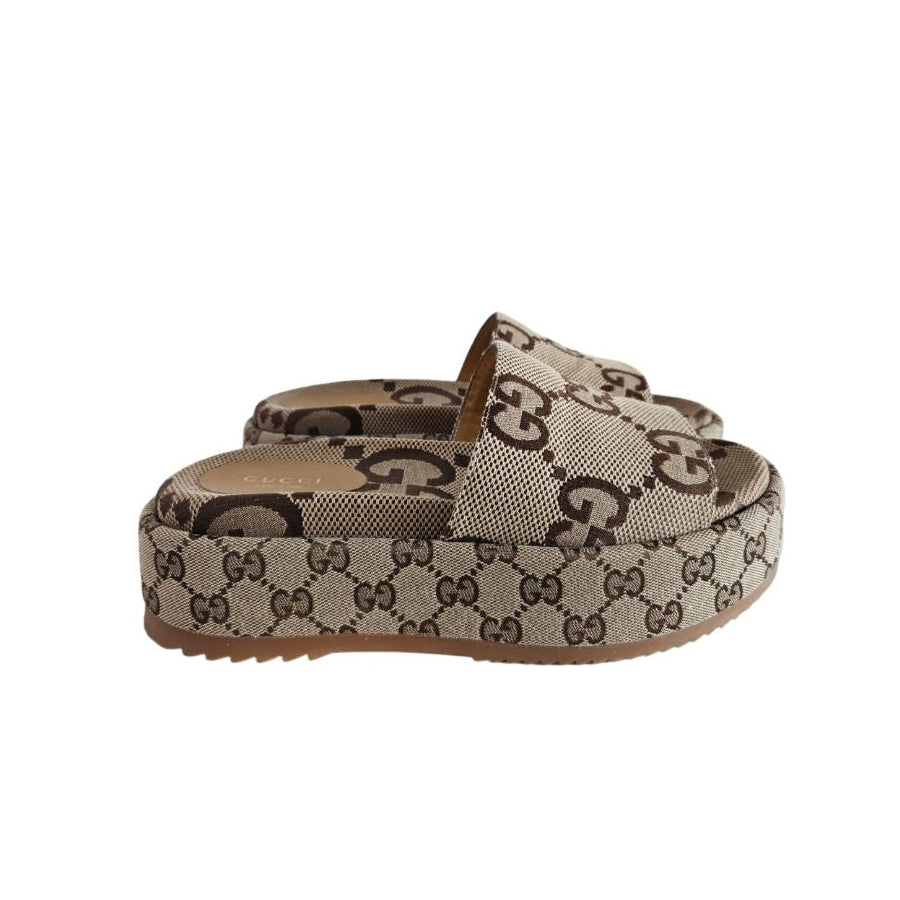 Gucci Beige GG Canvas Flatform Sandal, Size 38.5