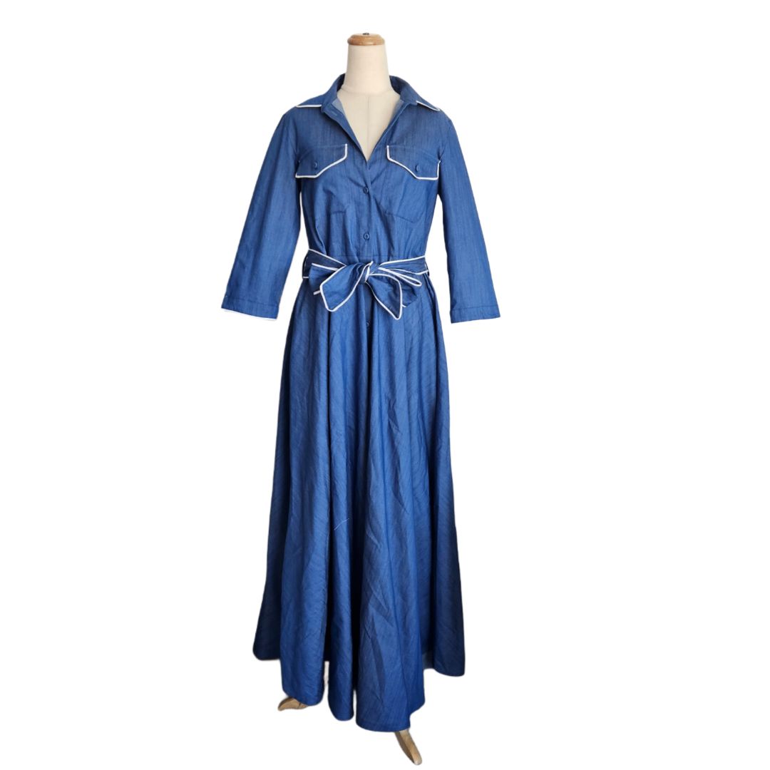 Luisa Beccaria Blue Denim With White Trim Maxi Belted Dress