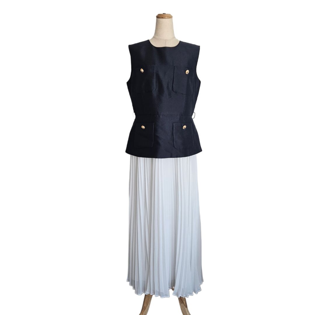 Self Portrait Navy and White Pleated Chiffon Maxi Dress - BOPF