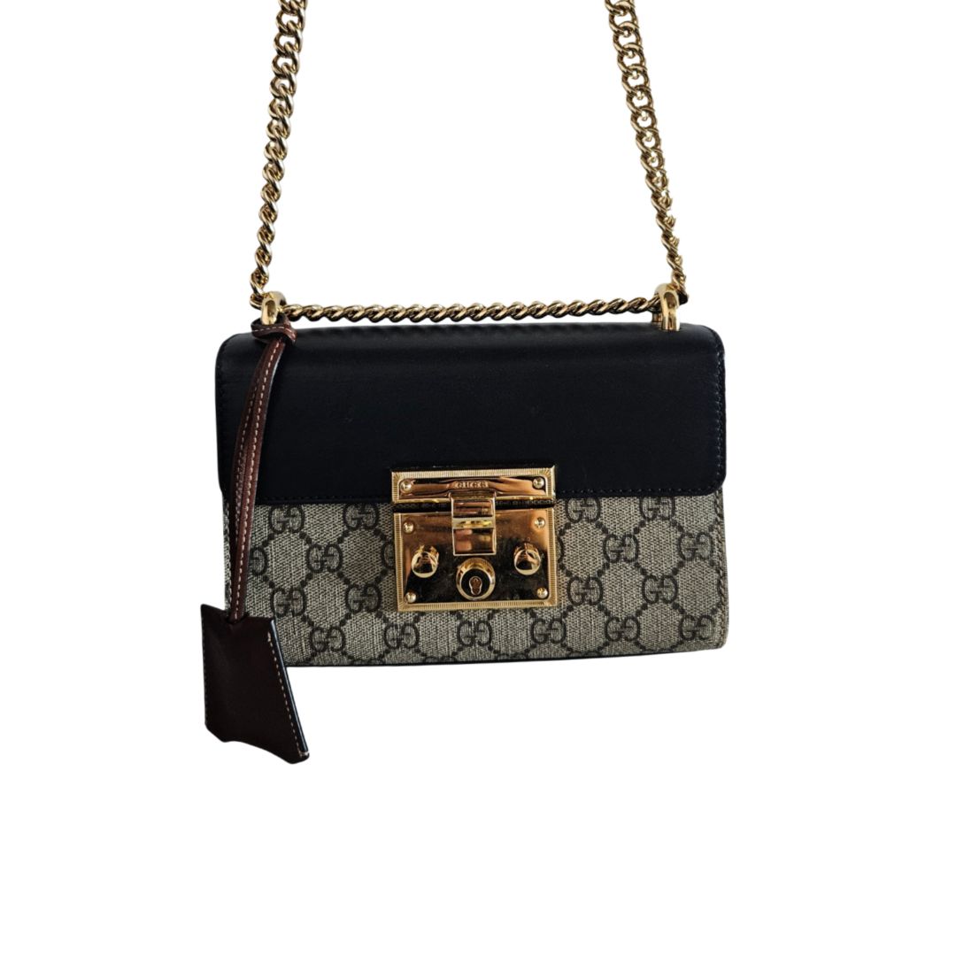 Gucci Black/Beige GG Supreme Canvas & leather Padlock Shoulder Bag