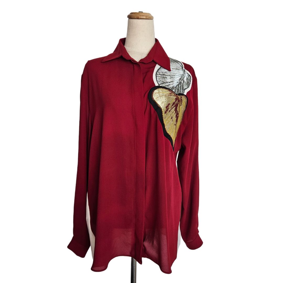 Marco de Vincenzo Red & Beige Silk With Embroidered Leaf Print Pleated Back Detail Shirt