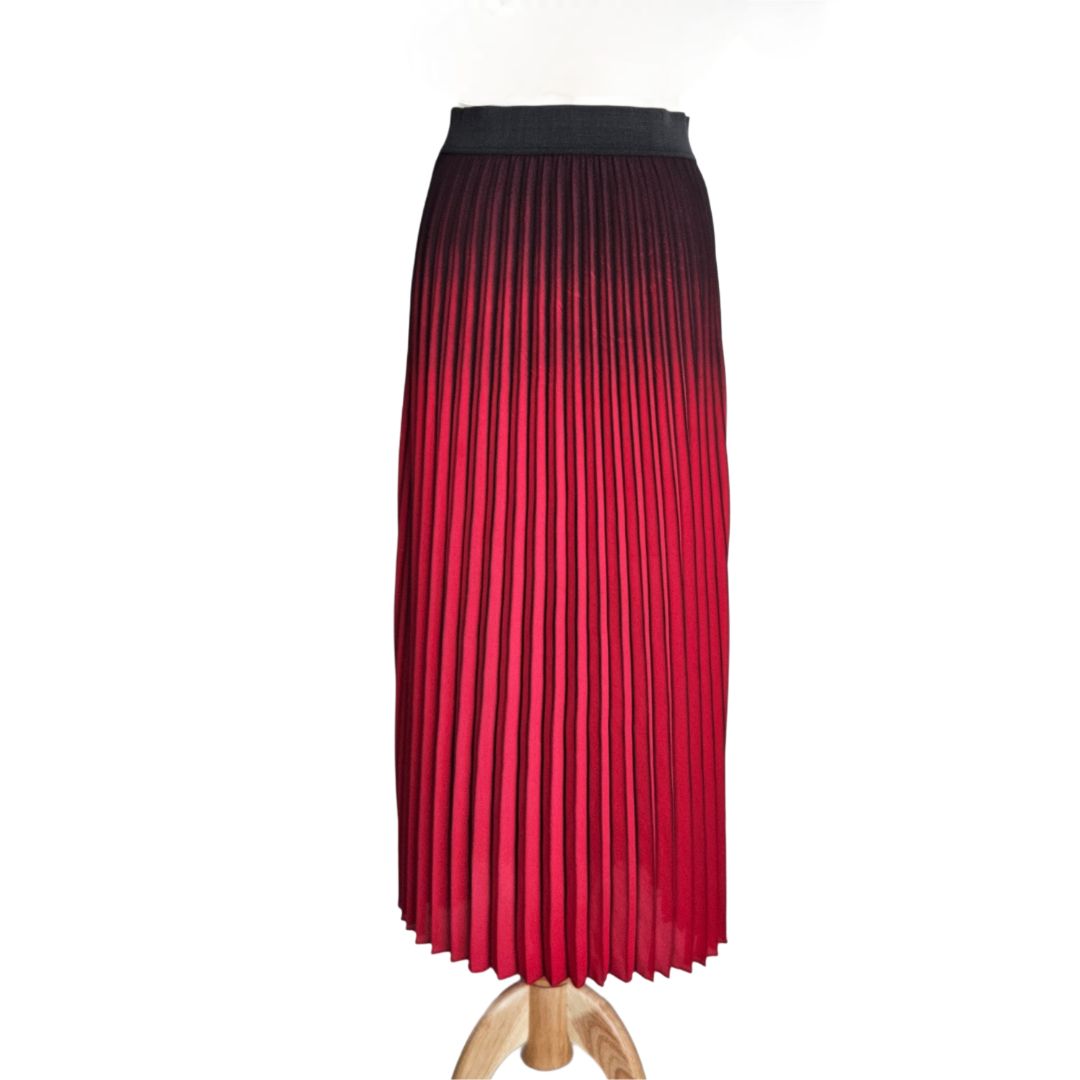 Maje Red and Black Vertical Striped Pleated Maxi Skirt