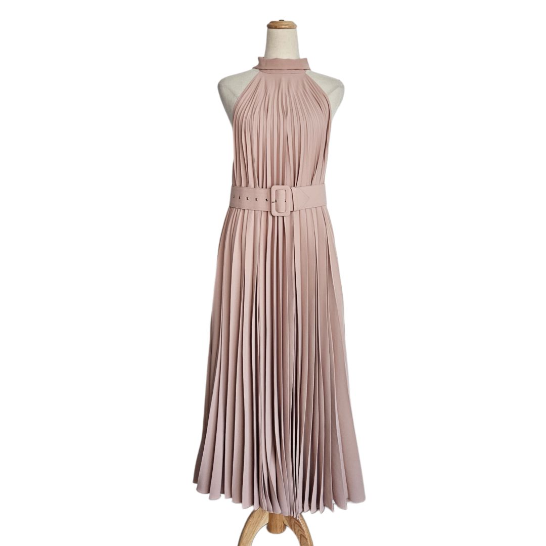 Alexander Terekhov Pastel Pink Pleated Sleeveless Belted Maxi Dress