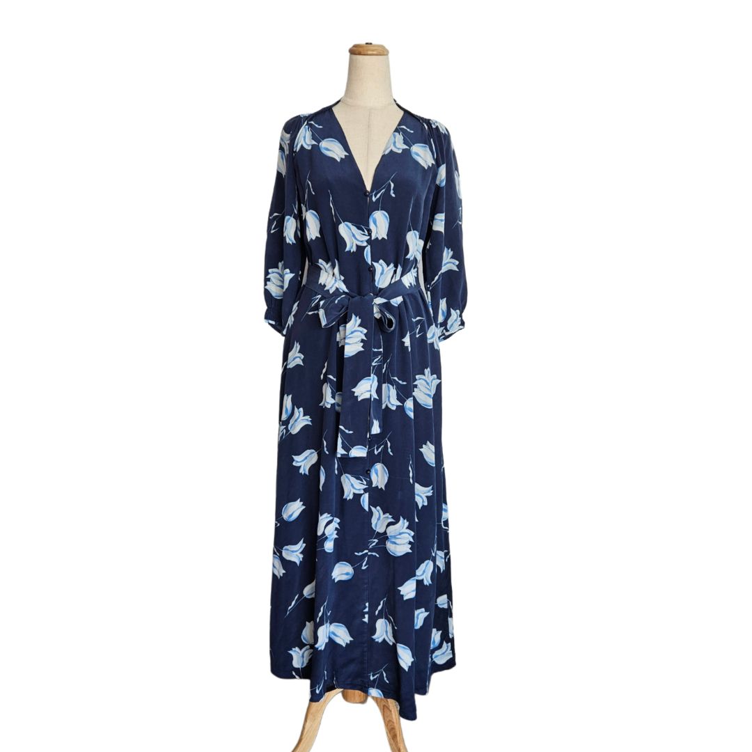 Vilshenko Navy Blue Floral Print Belted Maxi Dress