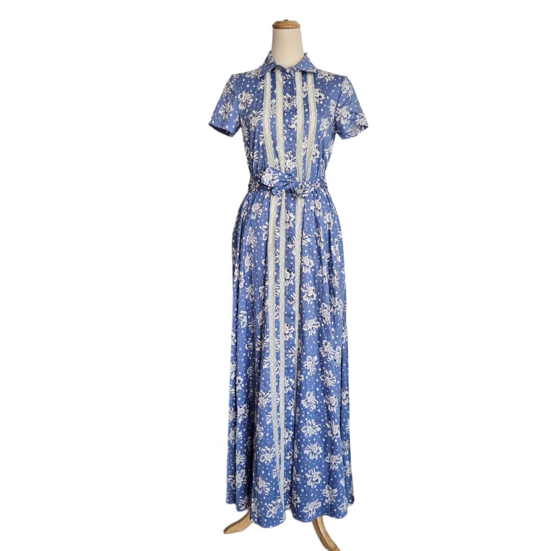 Luisa Beccaria Blue Floral Print Vertical Striped Lace Belted Maxi Dress