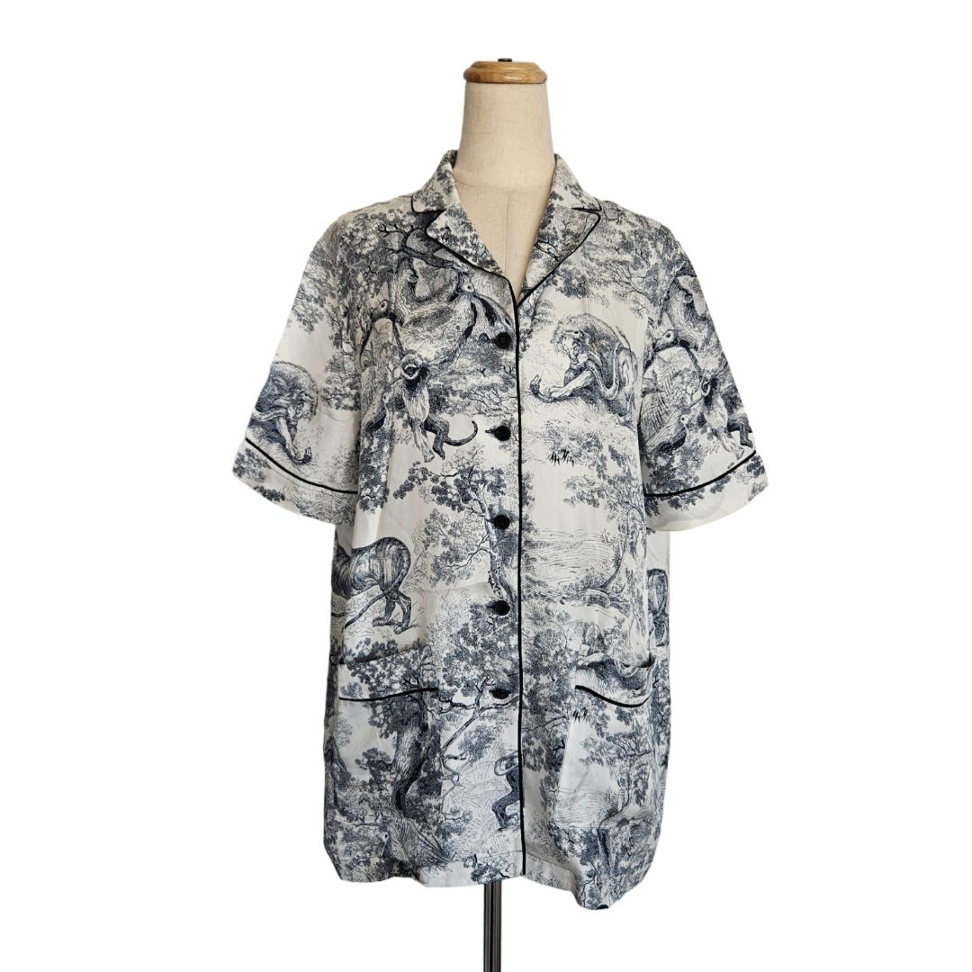 Christian Dior White & Black Toile de Jouy Printed Silk Chez Moi Short sleeve Shirt