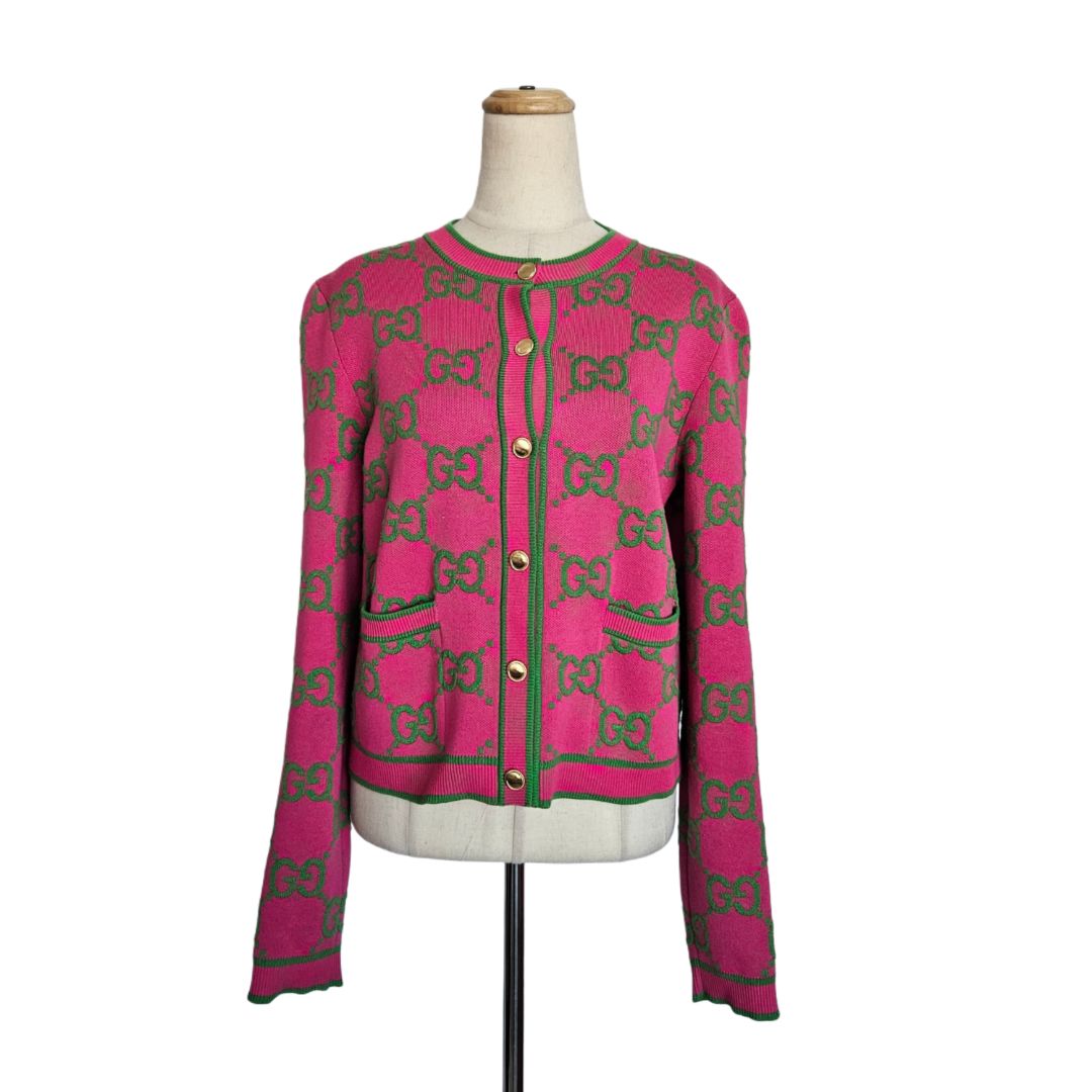 Gucci 2023 Pink & Green Silk Blend GG Jacquard Crop Cardigan