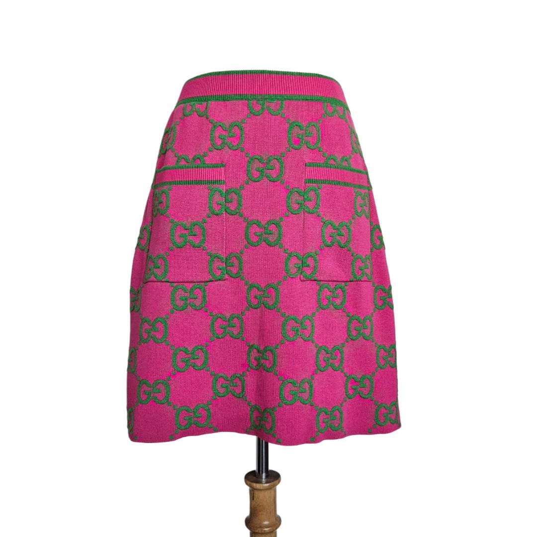 Gucci 2023 Pink & Green Silk Blend GG Jacquard  with Pockets Skirt