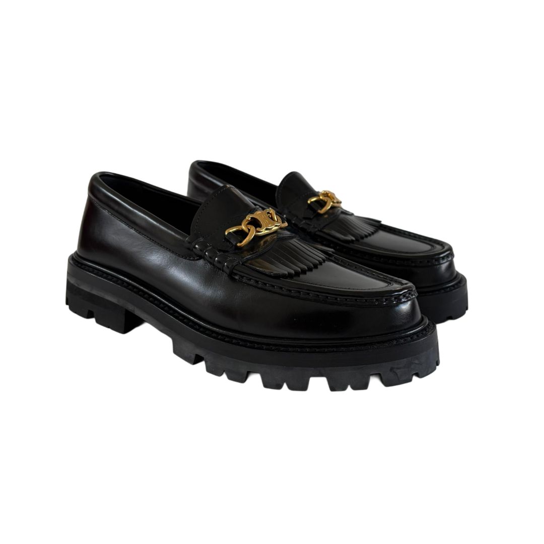 Celine Black Leather Margaret  Triomphe Chain Logo Loafer, Size 37