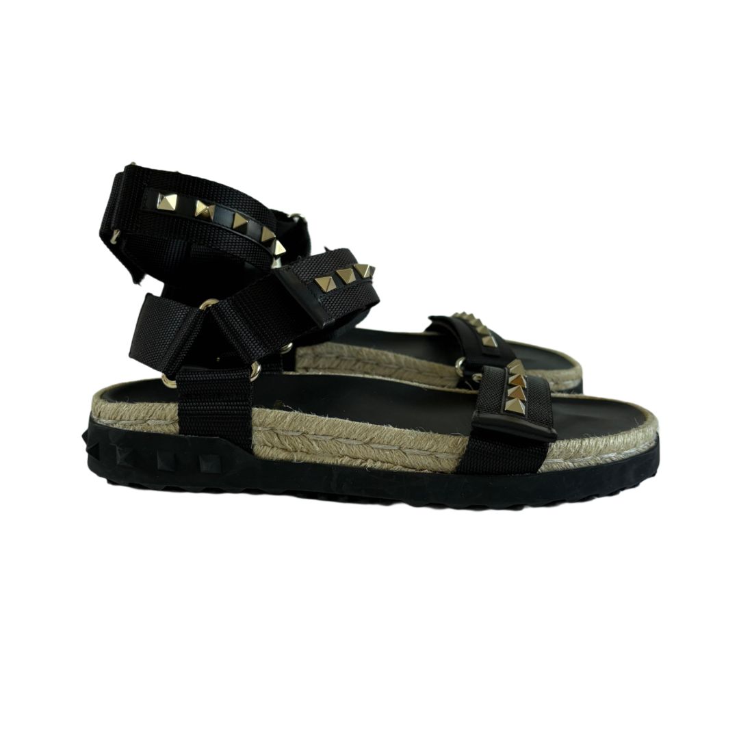 Valentino Black Leather Velcro Strap Rockstud Espadrille Flats, Size 37