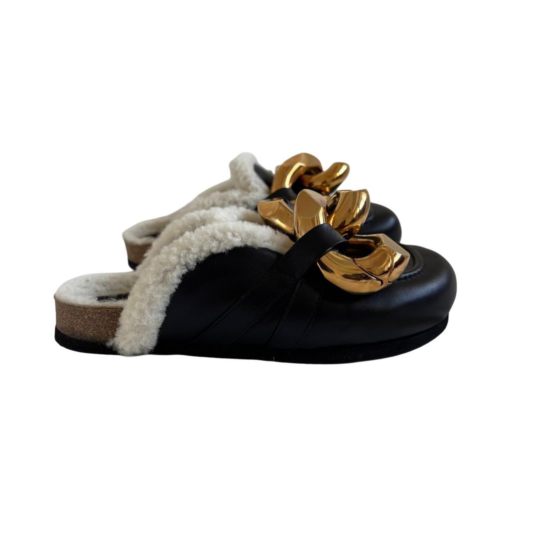 JW Anderson Black Shearling and Leather Chain Mules, Size 37