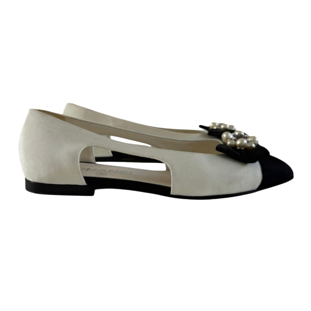 Chanel Ridged White Satin With Black Cap Toe Bow and Pearl Embellished Flat Shoes, size 37C