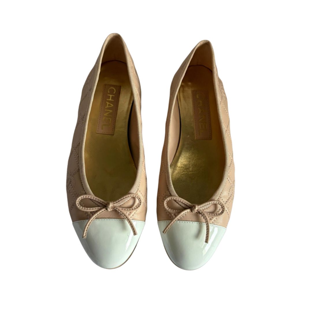 Chanel Nude Leather CC Quilted Cap Toe Ballerina , 37C