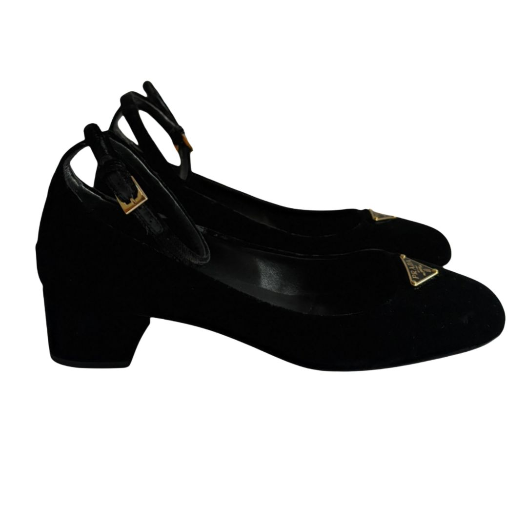 Prada Black Velvet Square Toe Block Heel , 36.5