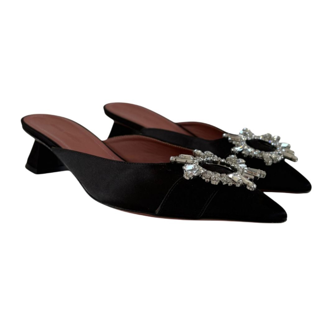Amina Muaddi Black Satin Begum Mules, Size 37