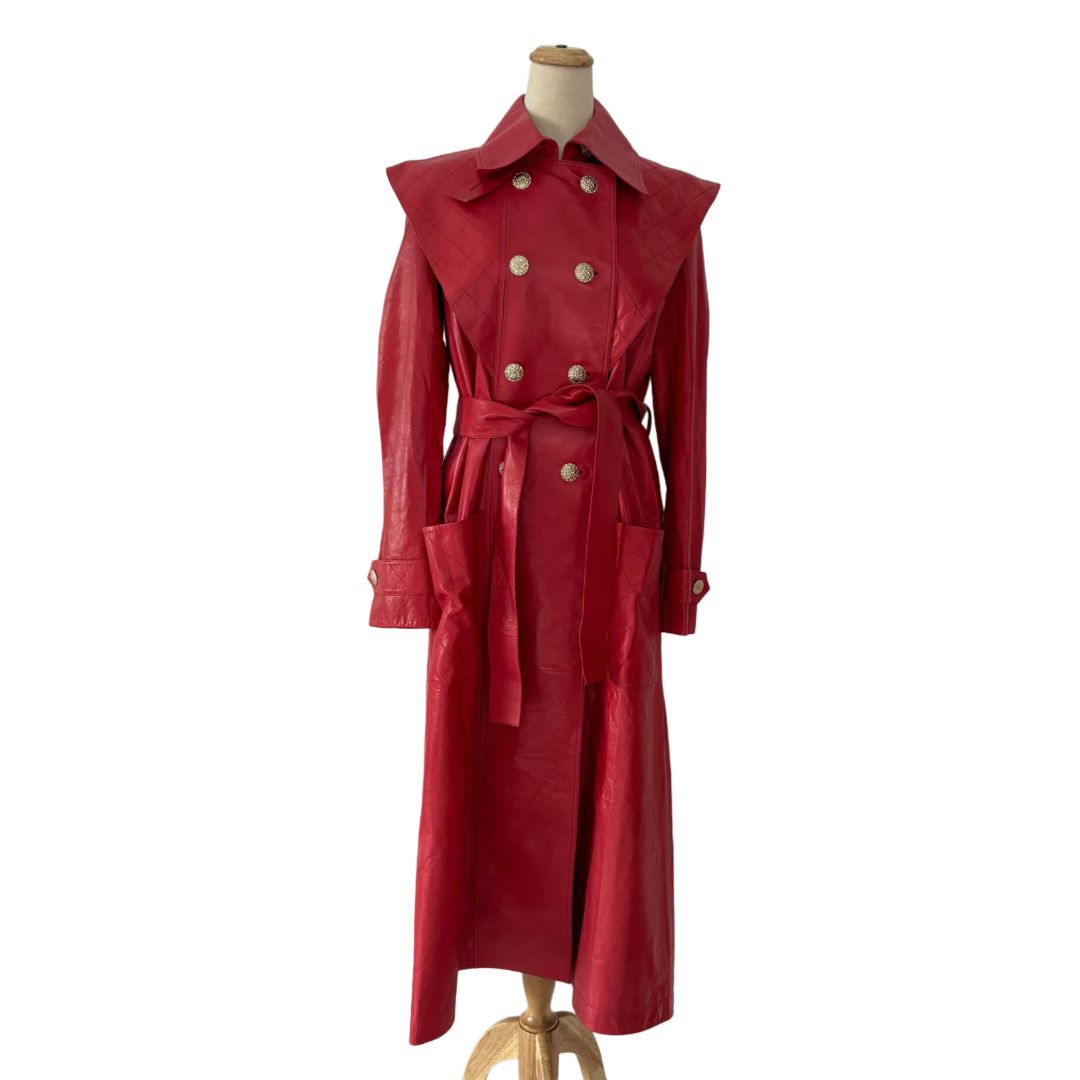 Chanel Red Leather With Button Details Trench Coat