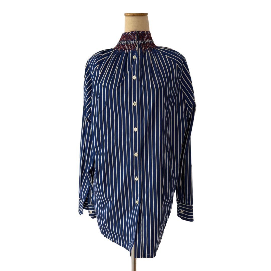 Prada Navy & White Striped Embroidered Detail Cotton Smocked Long Sleeve Top