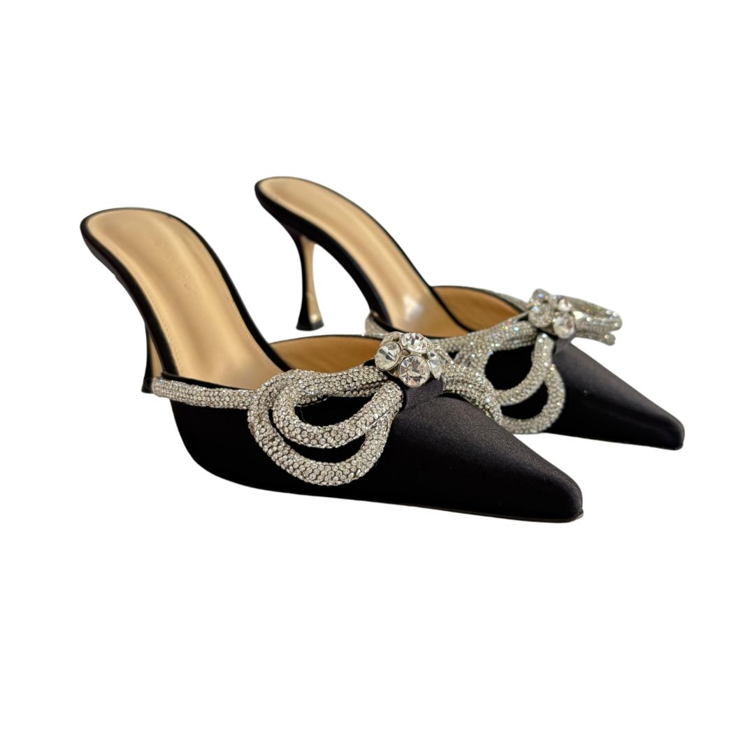 Mach & Mach Black Crystal Embellished Double Bow  Satin Mule Heels, Size 38