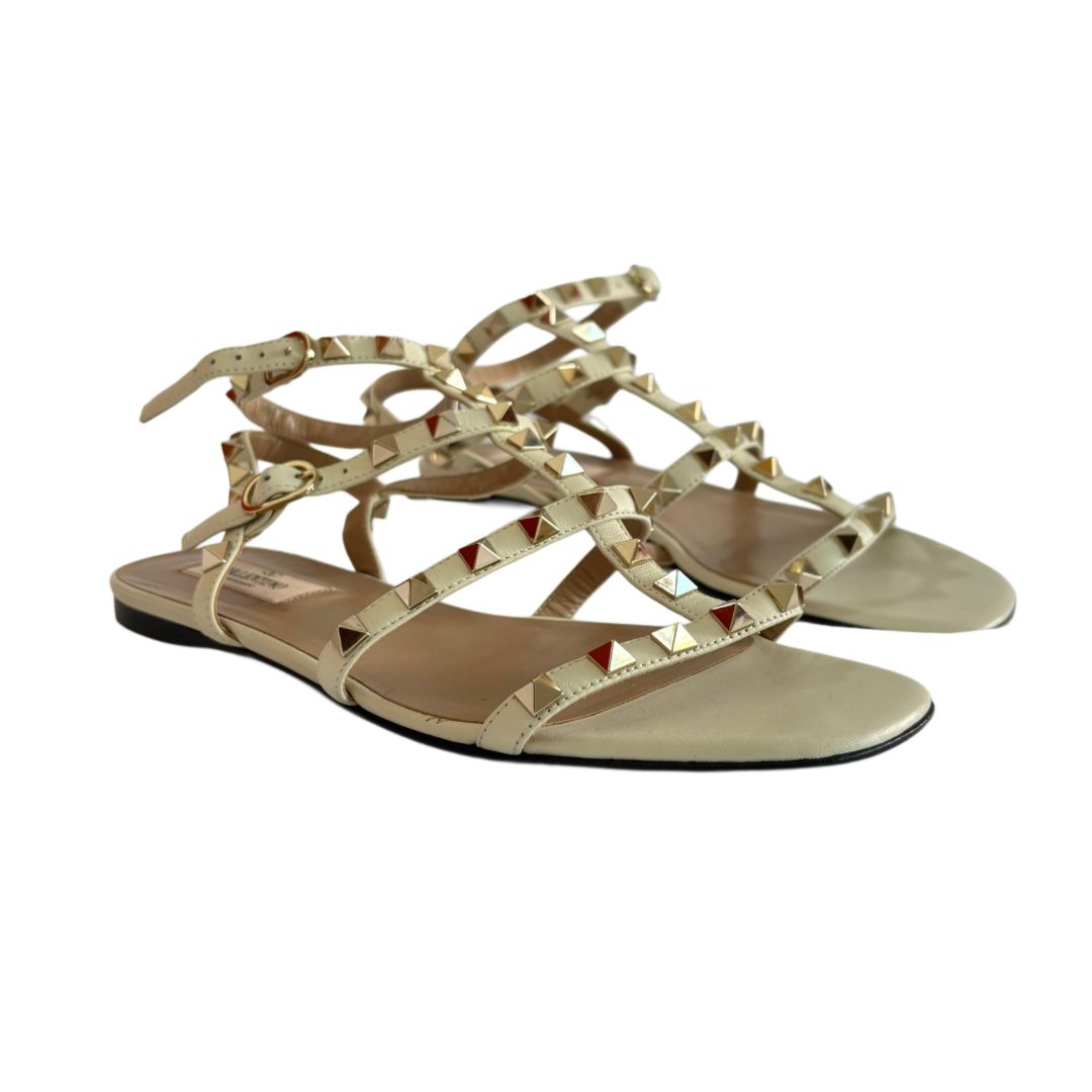 Valentino Cream Leather Rockstud Cage Flat Sandal, Size 37.5
