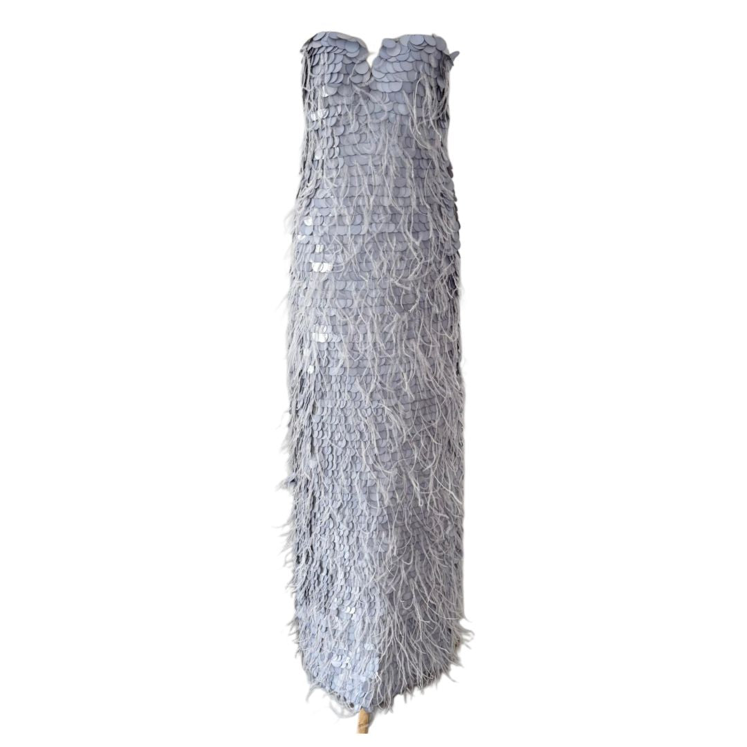 Cult Gaia Light Blue Nira Embellished Sequins and Feather Gown