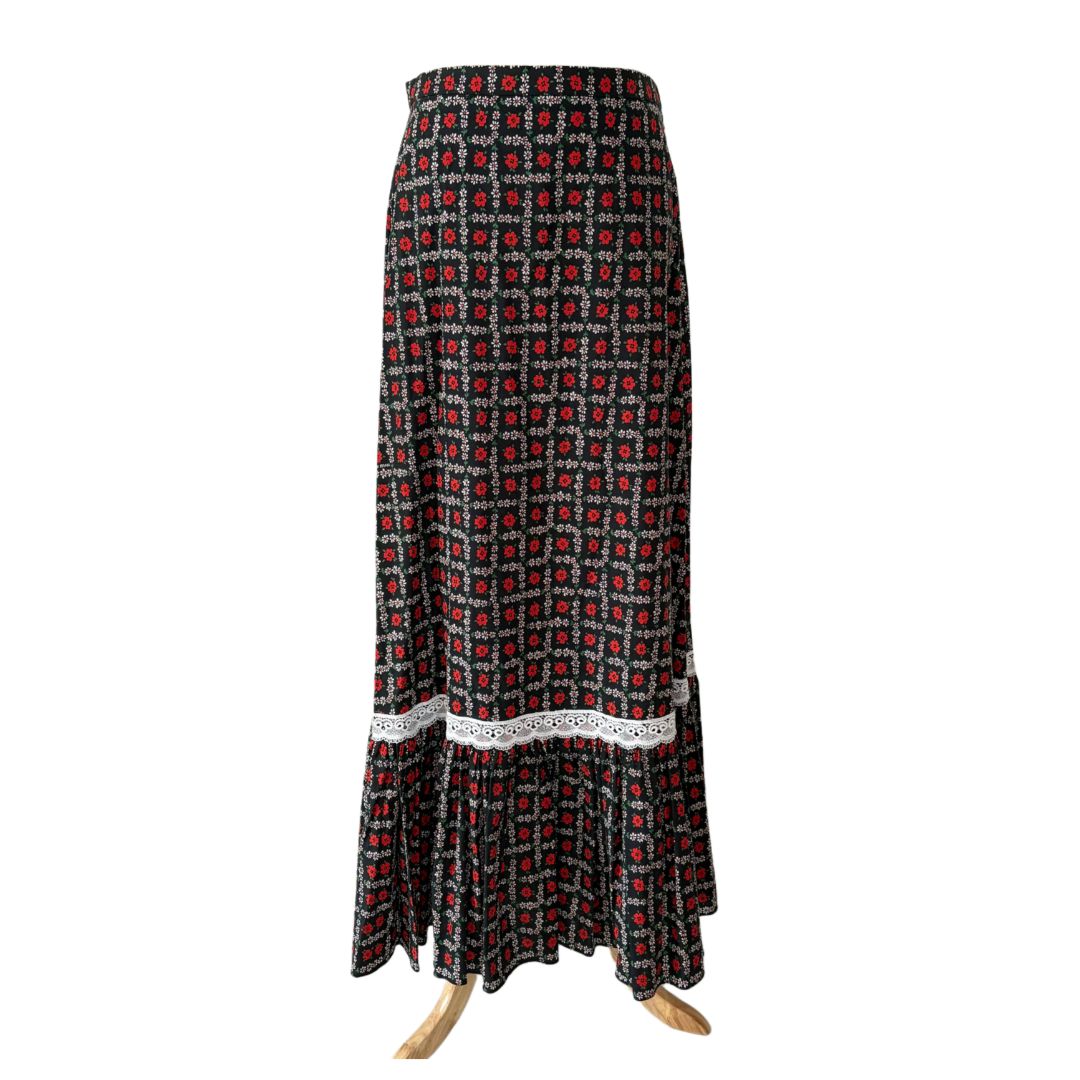 Miu Miu Navy Multicolor Floral Printed With White Lace Detail Maxi Skirt