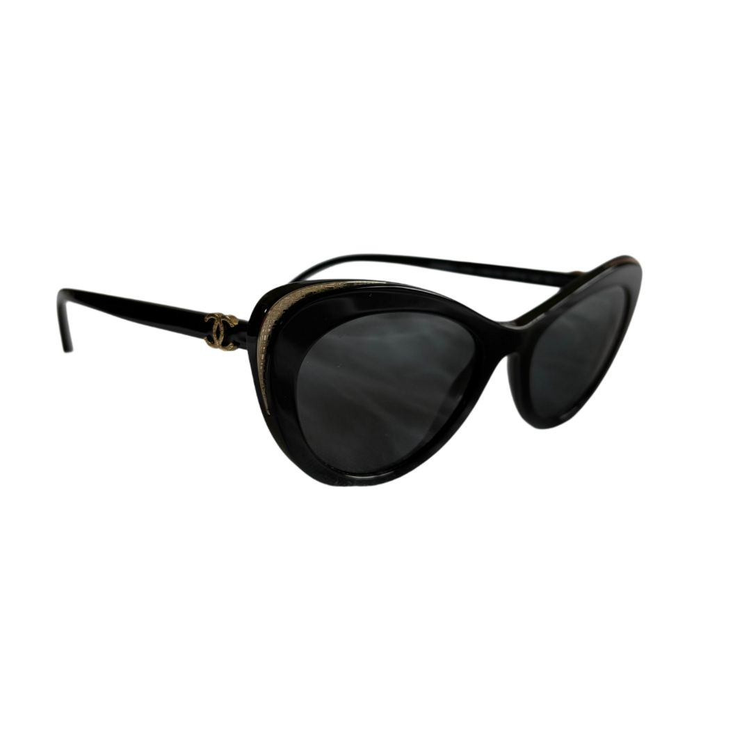 Chanel Black Cat Eye with Gold CC On Arms Sunglasses