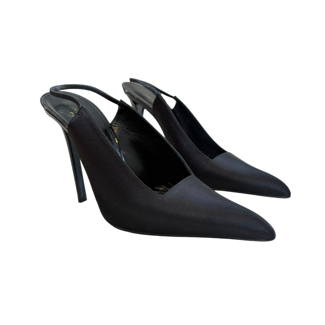 Saint Laurent Black Satin Crepe Raven Slingback Pumps, Size 39