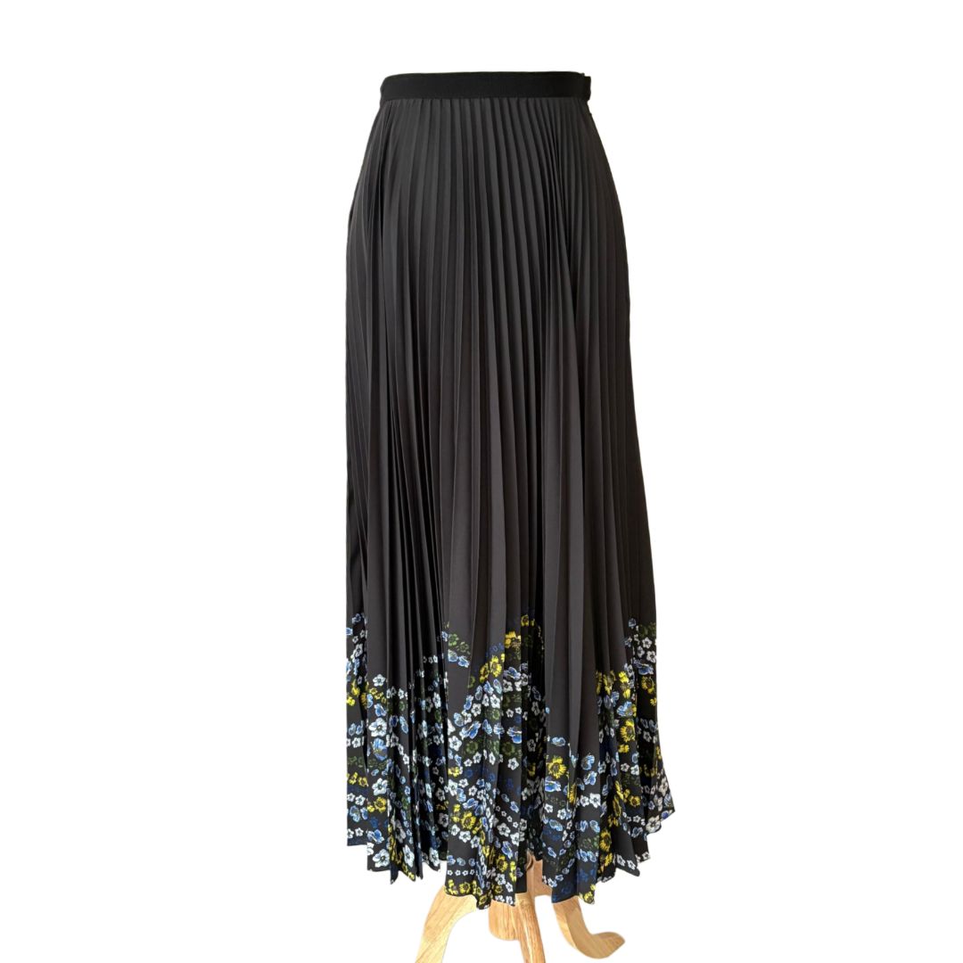 Erdem Black Pleated With Multicolor Floral Print Along Bottom Midi Skirt