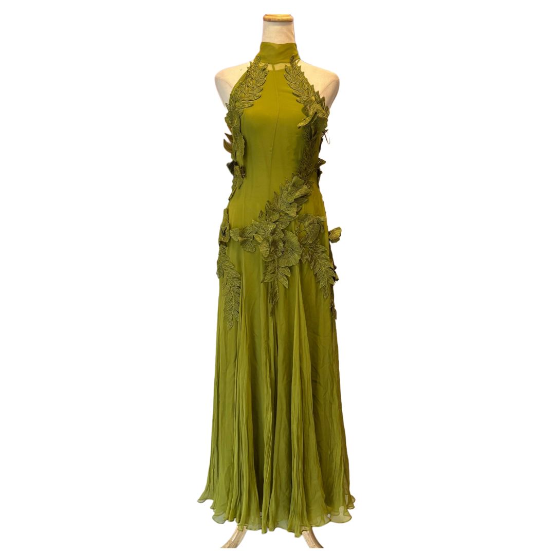 Alberta Ferretti Green Embroidered Floral Applique With Slip Chiffon Maxi Dress