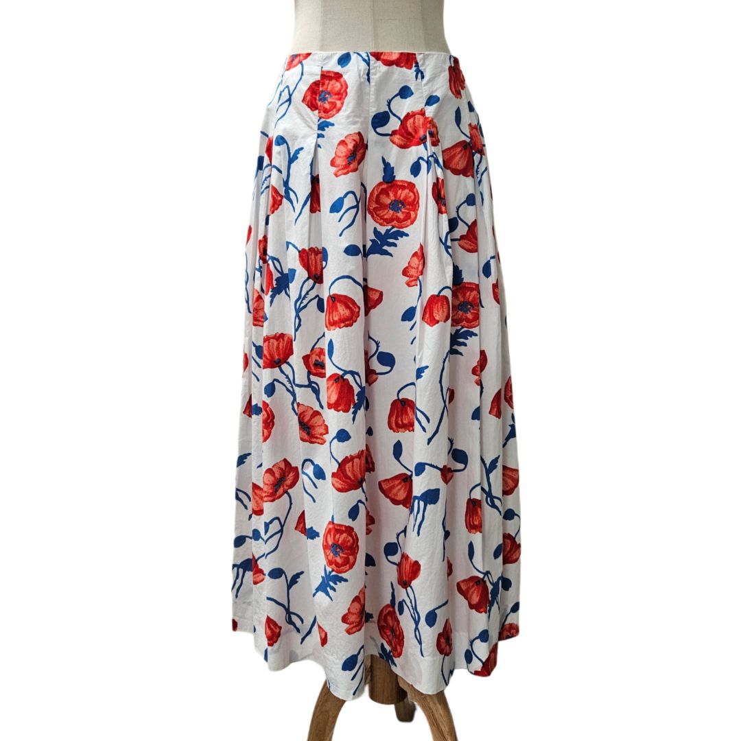 Oscar de la Renta Tricolor Floral Print Pleats Midi Flared Skirt
