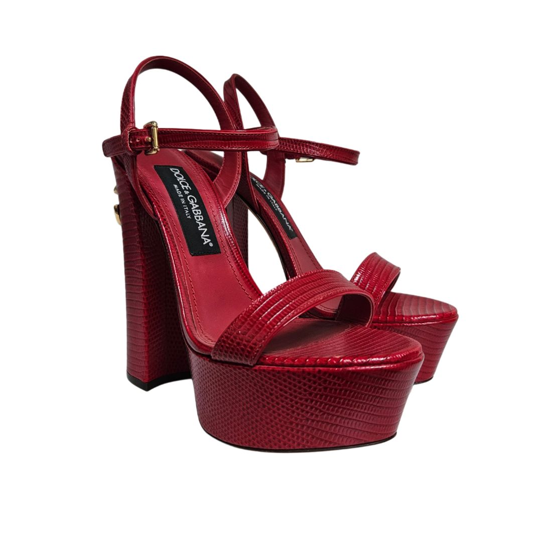 Dolce & Gabbana Red Keira 105 Iguana Print Leather Platform Sandal, Size 37