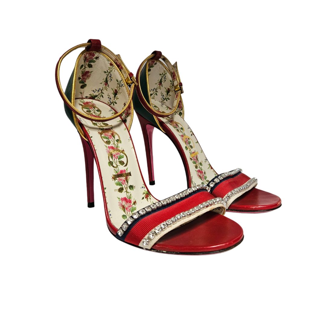 Gucci Multicolor Leather Ilse Crystal Embellished Sandal, Size 37