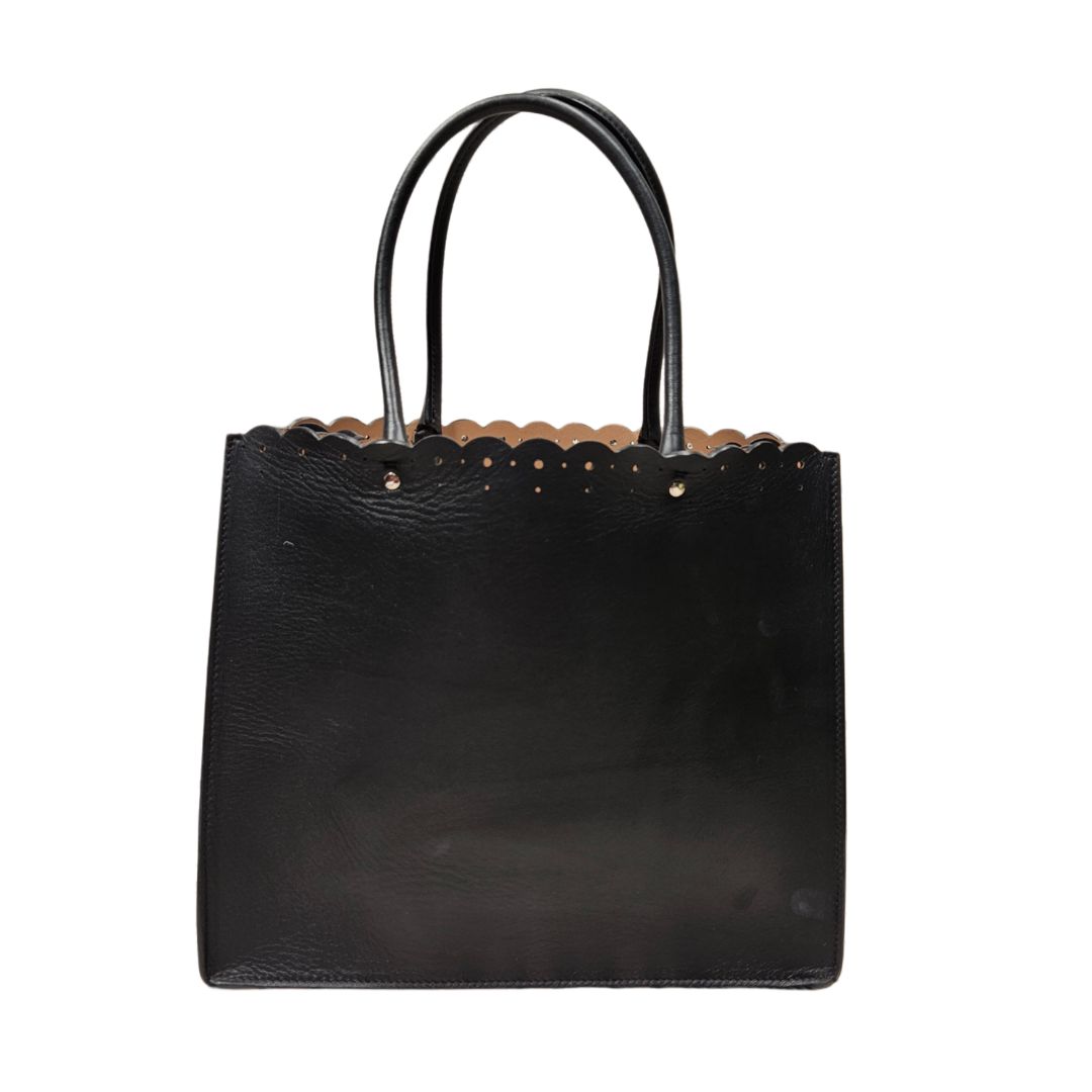 Alaia Black Leather Scalloped Top Handle Tote Bag
