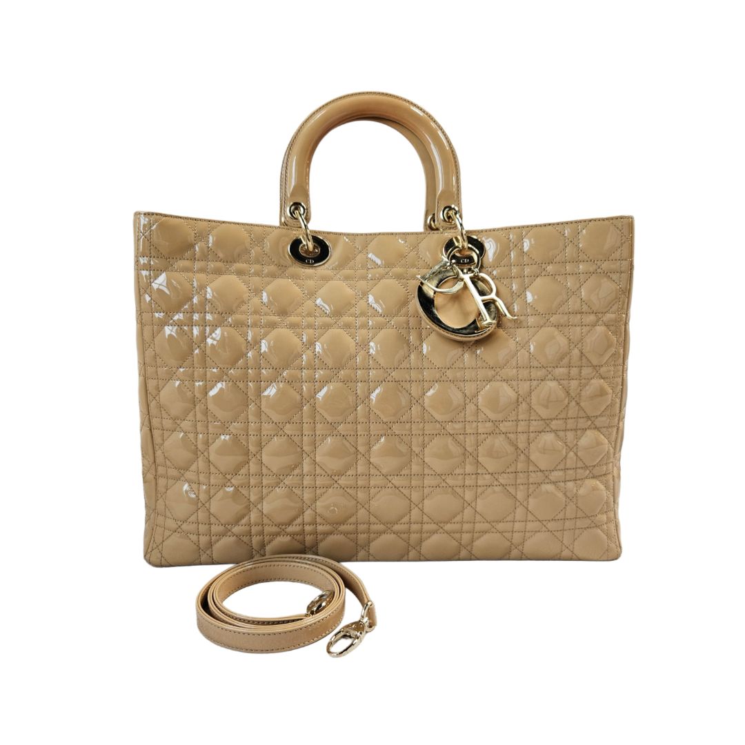 Christian Dior Beige Patent Leather XL Lady Dior Top Handle Bag