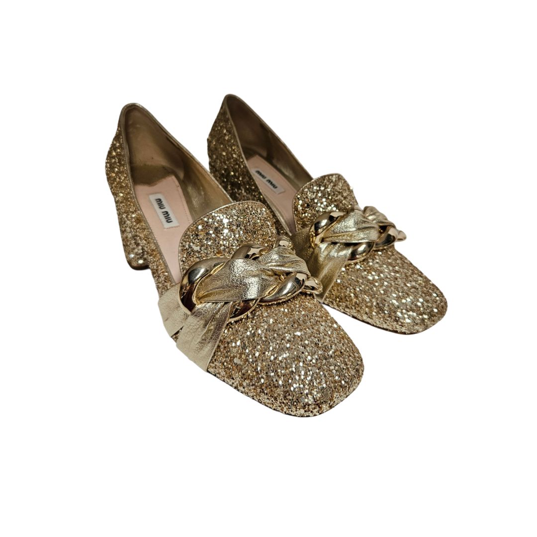 Miu Miu Gold Glitter Embellished Loafer Pumps, Size 40