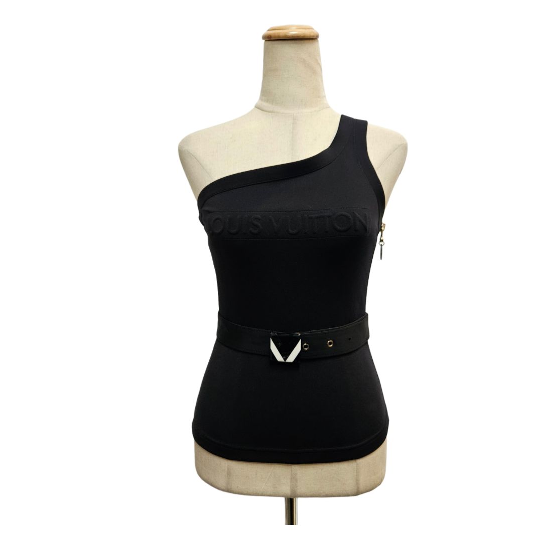 Louis Vuitton Black Logo Print With Belt One Shoulder Top