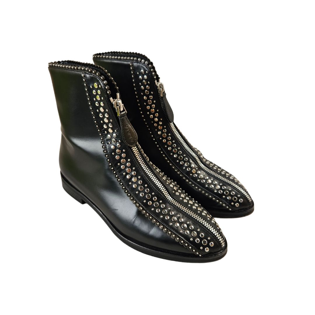 Alaia Black Leather Spike Biker Boots, Size 35.5