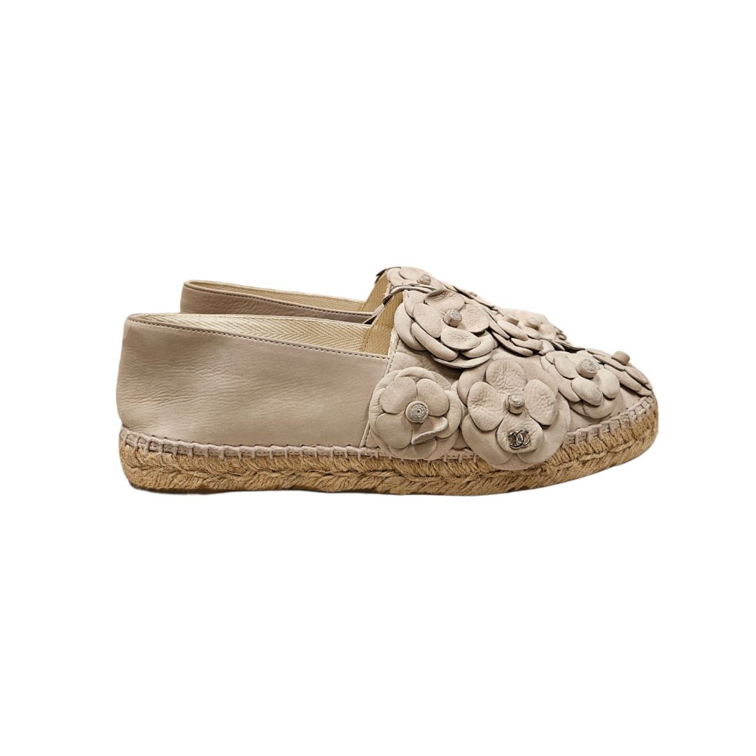 Chanel Light Beige Nubuck Leather Camellia Espadrille Flats, size 39