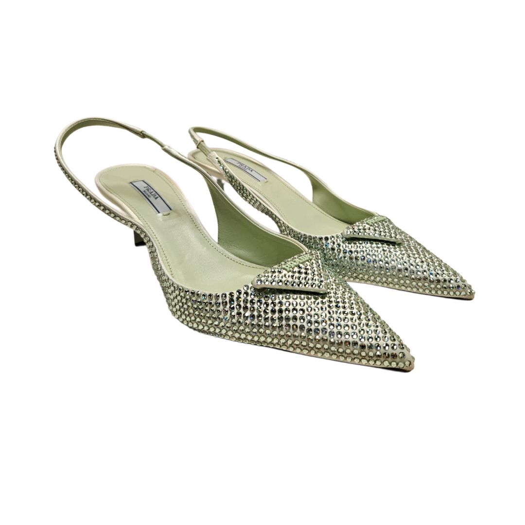 Prada Mint Green Crystal-Embellished Satin Slingback Shoes, Size 38