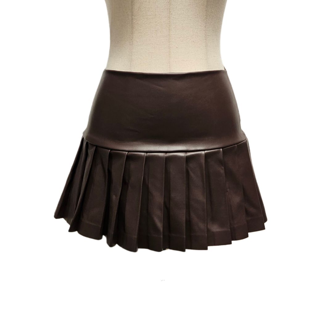 Norma Kamali Pleated Pickleball Brown Faux Leather Mini Skirt - BOPF