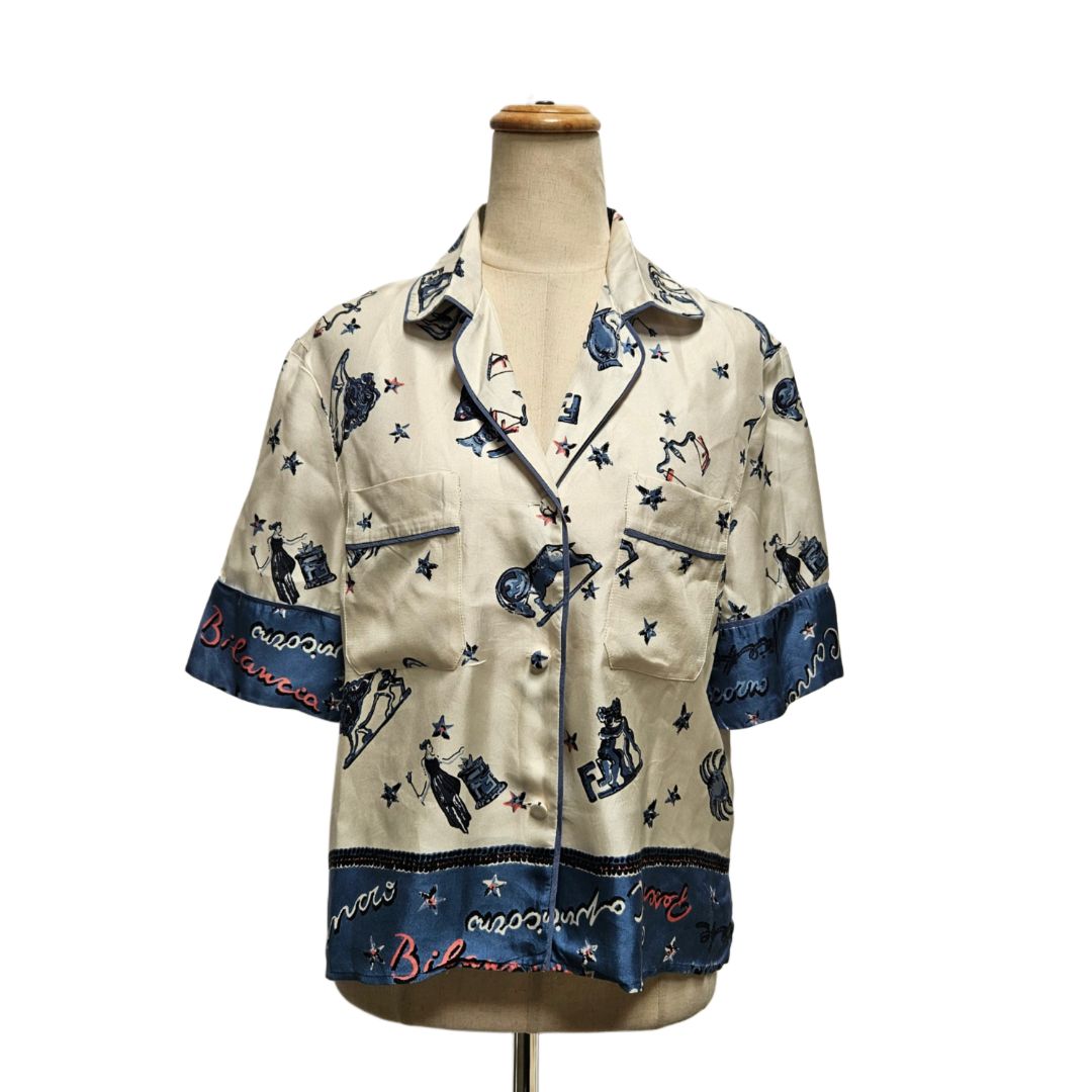 Fendi Cream & Navy Zodiac Sign Printed Silk Shirt
