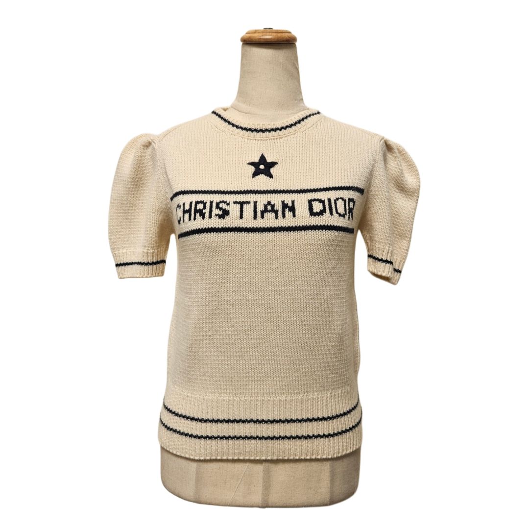 Christian Dior Cream/Navy  Short-Sleeved Ecru Wool and Cashmere With Star Print Knit Top