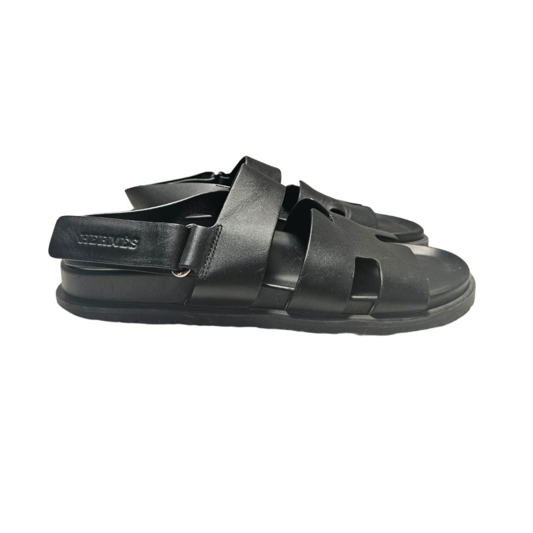 Hermès Takara Black Leather Sandals, Size 40.5