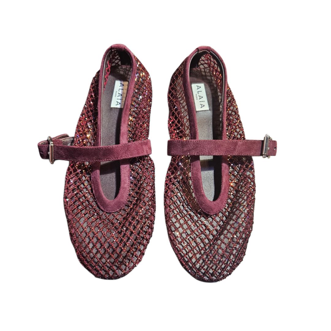Alaia Burgundy Strass Fishnet Ballerinas, Size 37