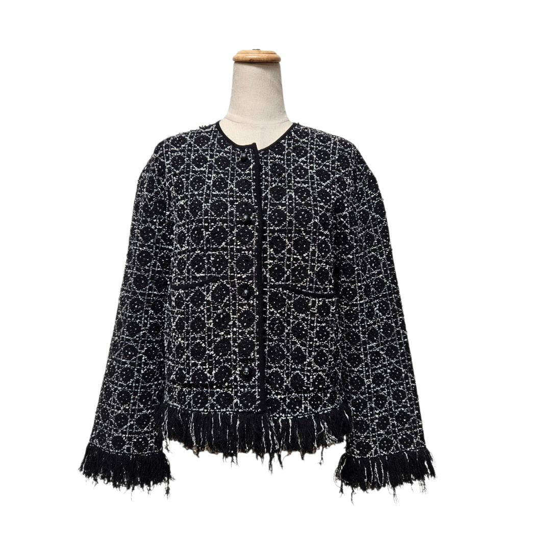 Christian Dior Black & White Tweed-Knit Macrocannage Regular Fit Jacket,Size 34