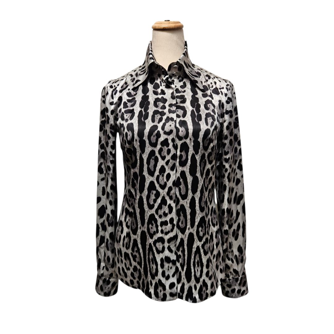 Dolce & Gabbana Grey and Black Leopard Silk Button-Up Shirt IT38