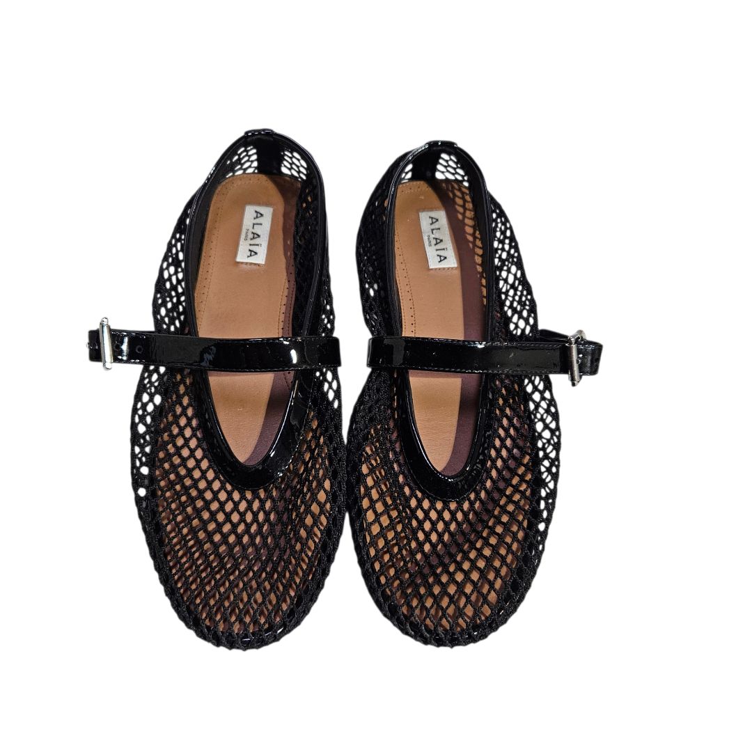 Alaia Black Mesh & Paten Leather Ballerina Flats, Size 39.5