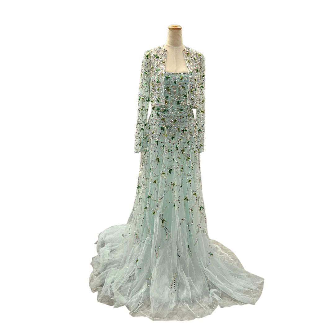 Georges Hobeika Light Green Sleeveless w/ Bolero Beaded Tulle Long Gow -  BOPF