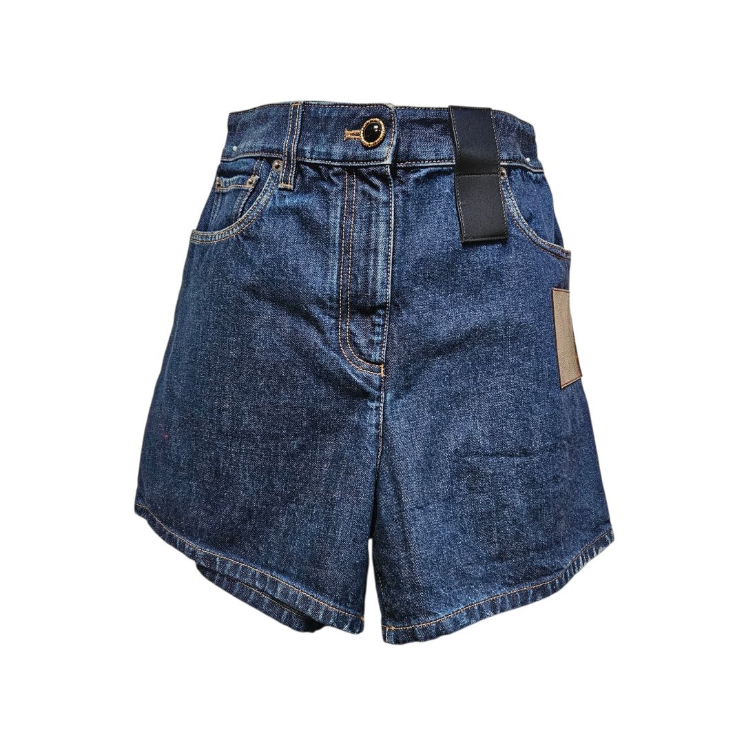 Louis Vuitton Blue Denim With Brown Monogram Leather Patch Short, Size 38